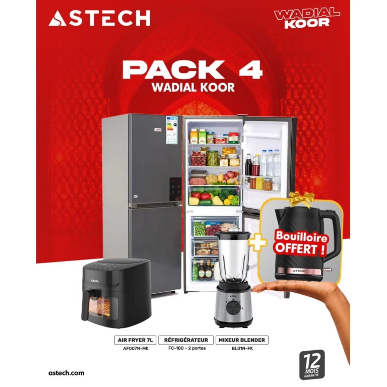 Photo du pack 5 Wadial Koor d'ASTECH, composé d'un réfrigérateur combiné, d'un air fryer, d'un mixeur blender et d'une bouilloire électrique