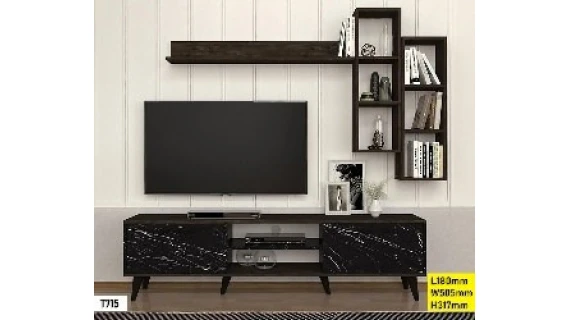 Table TV + Étagère Noir 180 cm T715 – Meuble TV Moderne avec Rangement Élégant