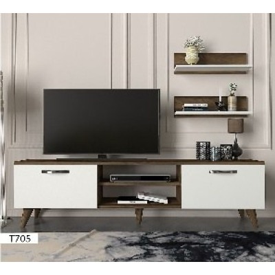 T807 – Table TV + Étagère Moderne Blanc/Marron 180 cm