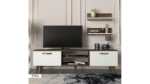 T807 – Table TV + Étagère Moderne Blanc/Marron 180 cm