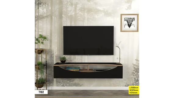 Meuble TV T102 noir, design moderne et élégant, avec un téléviseur de 150 cm posé dessus