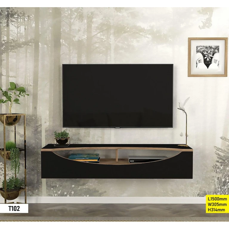 Meuble TV T102 noir, design moderne et élégant, avec un téléviseur de 150 cm posé dessus