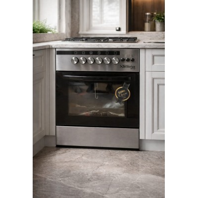 Cuisinière TECNOLUX TEC60CS NEW 4 feux gaz 60×60 inox – four gaz porte fermée, tournebroche, allumage automatique bouton, full options avec lampe et double grille