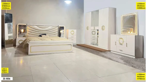 Chambre à coucher ZS-105A en bois laqué blanc avec motifs dorés, composée d'un lit, d'une armoire, d'une coiffeuse et de tables de chevet