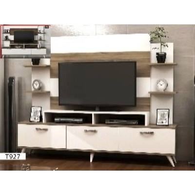 T927 Table TV + Étagère Blanc-Noyer 180 cm – Meuble TV Moderne et Fonctionnel pour Salon