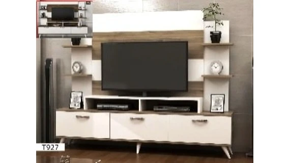 T927 Table TV + Étagère Blanc-Noyer 180 cm – Meuble TV Moderne et Fonctionnel pour Salon