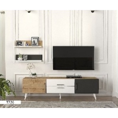 T726 – Table TV + Étagère Marron/Blanc/Noir 1,60 m