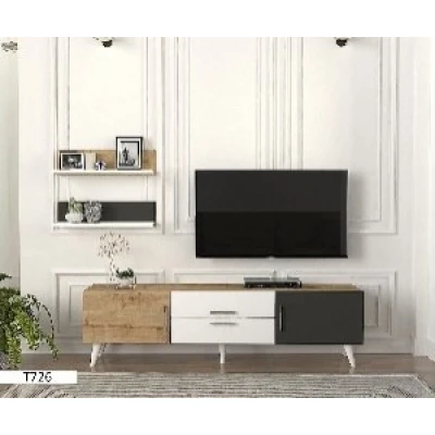 T726 – Table TV + Étagère Marron/Blanc/Noir 1,60 m