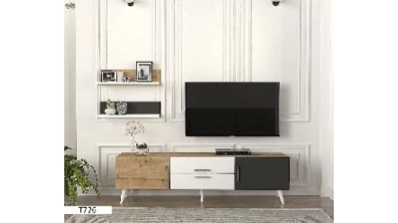 T726 – Table TV + Étagère Marron/Blanc/Noir 1,60 m