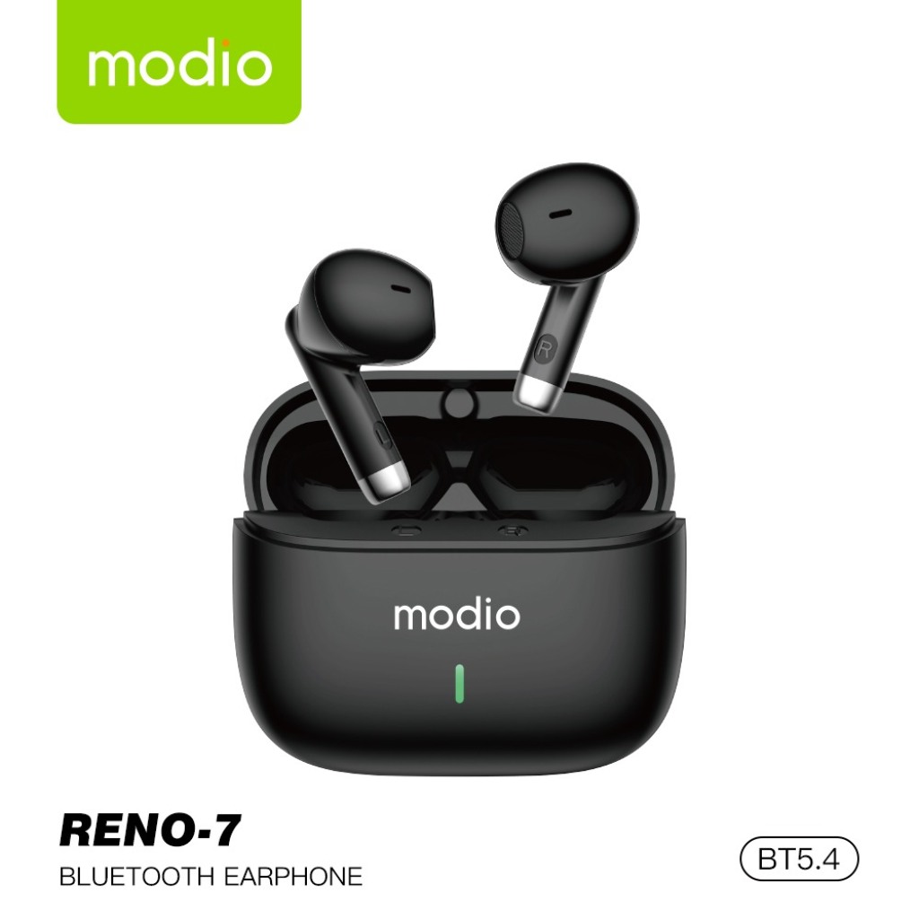 Photo des AirPods MODIO RENO-7, écouteurs sans fil noirs avec boîtier de recharge compact