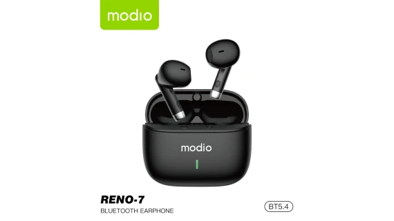 Photo des AirPods MODIO RENO-7, écouteurs sans fil noirs avec boîtier de recharge compact