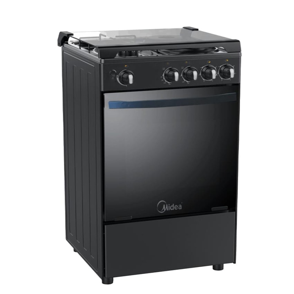 Cuisinière Midea 4 feux à gaz noir avec four et gril intégrés, sur fond blanc