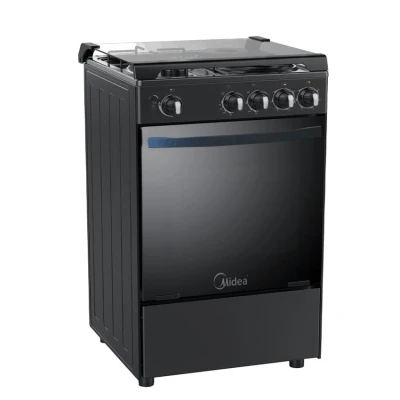 Cuisinière Midea 4 feux à gaz noir avec four et gril intégrés, sur fond blanc