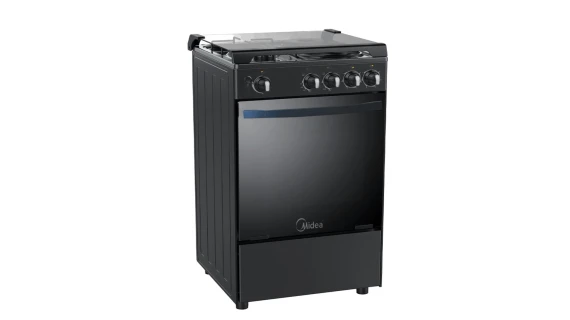 Cuisinière Midea 4 feux à gaz noir avec four et gril intégrés, sur fond blanc