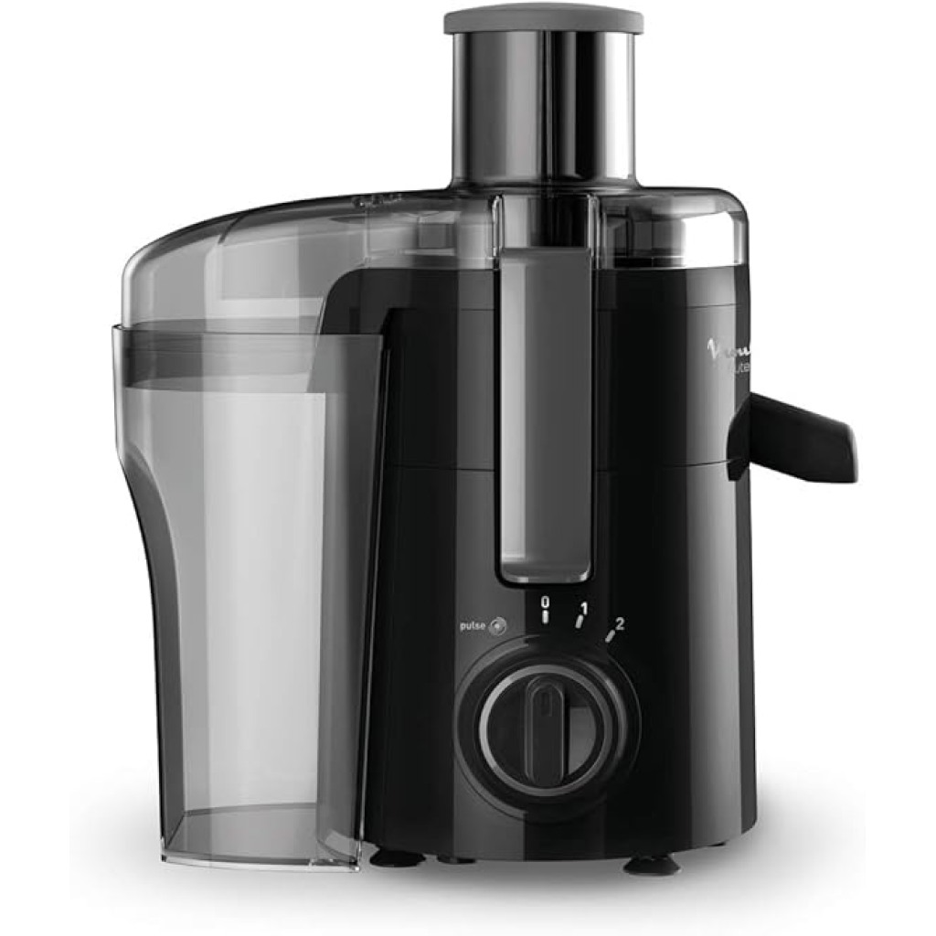 Centrifugeuse Moulinex Frutelia Plus noire avec un bol de jus frais