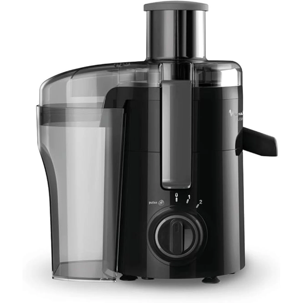 Centrifugeuse Moulinex Frutelia Plus noire avec un bol de jus frais