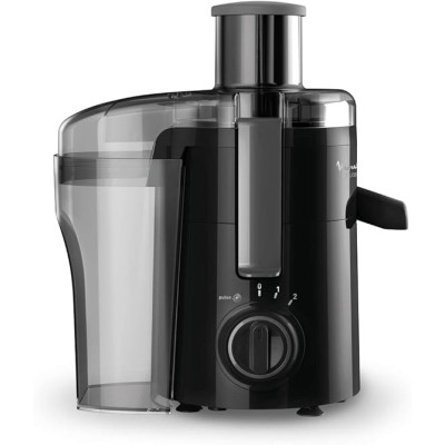 Centrifugeuse Moulinex Frutelia Plus noire avec un bol de jus frais