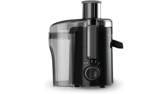 Centrifugeuse Moulinex Frutelia Plus noire avec un bol de jus frais