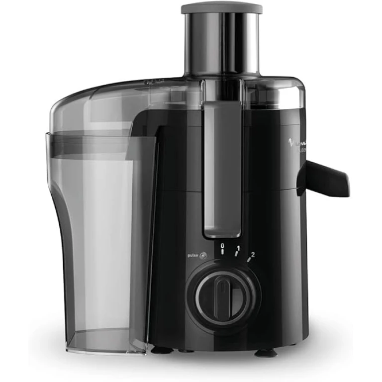 Centrifugeuse Moulinex Frutelia Plus noire avec un bol de jus frais