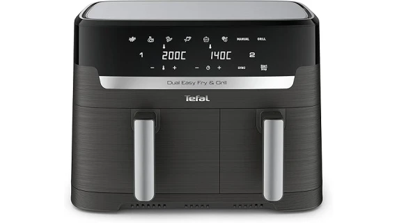 Photo de l'Air Fryer Tefal Dual XXL EY905B10, un appareil de cuisine électroménager avec double cuve et capacité XXL de 8,3 litres
