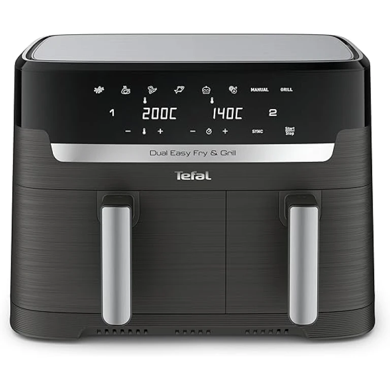 Photo de l'Air Fryer Tefal Dual XXL EY905B10, un appareil de cuisine électroménager avec double cuve et capacité XXL de 8,3 litres