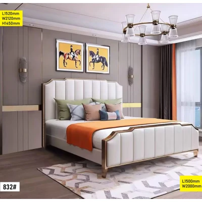 Lit 1.50M design moderne avec tête de lit élégante en bois, de couleur brune, avec des dimensions 1520 mm x 2120 mm x 1450 mm