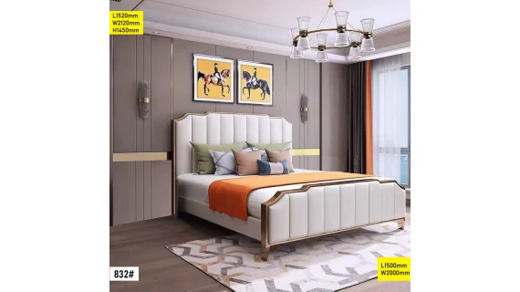 Lit 1.50M design moderne avec tête de lit élégante en bois, de couleur brune, avec des dimensions 1520 mm x 2120 mm x 1450 mm