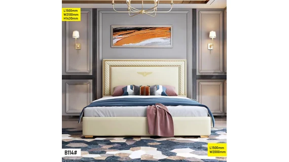 Lit double moderne B114 en bois robuste avec tête de lit élégante, dimensions 1500 × 2000 mm