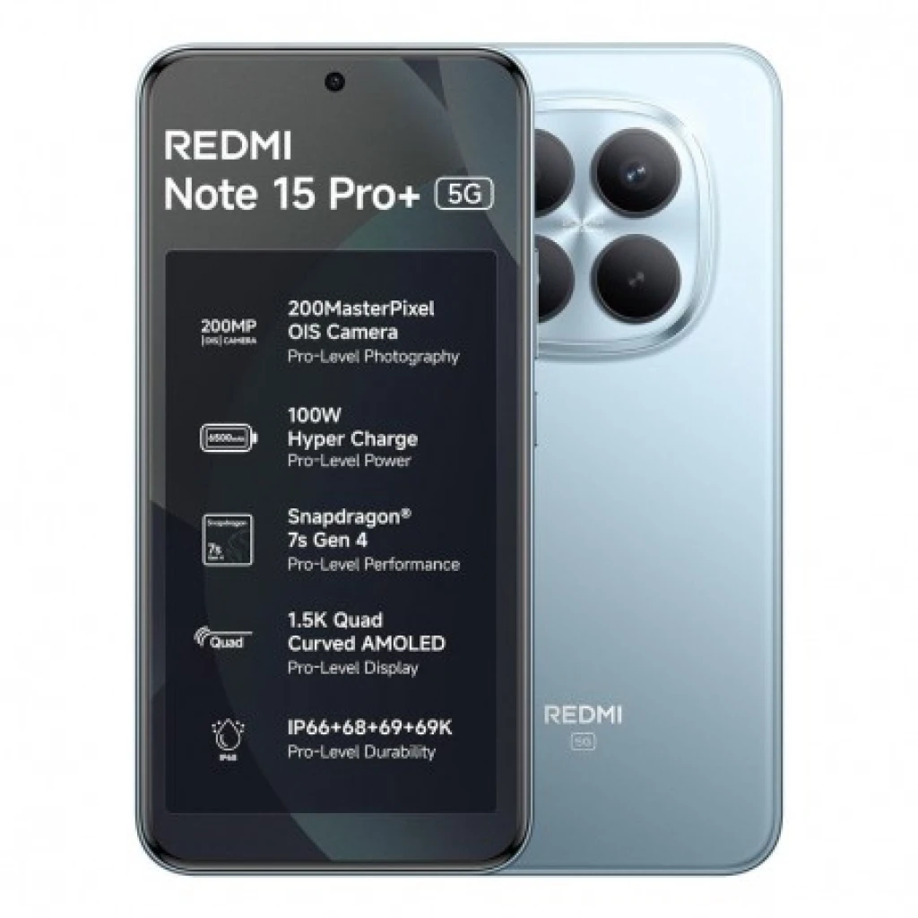 Xiaomi Redmi Note 15 Pro+ 5G noir avec écran allumé et caméra principale