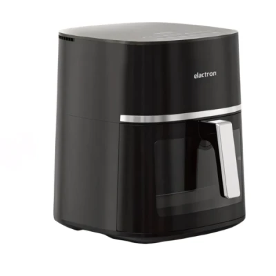 Friteuse à air Elactron 7L avec un bol de frites croustillantes et une interface de commande