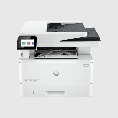 Imprimante HP LaserJet Pro MFP 4103dw noire avec écran LCD et clapet d'alimentation en papier