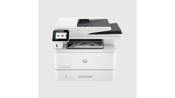 Imprimante HP LaserJet Pro MFP 4103dw noire avec écran LCD et clapet d'alimentation en papier
