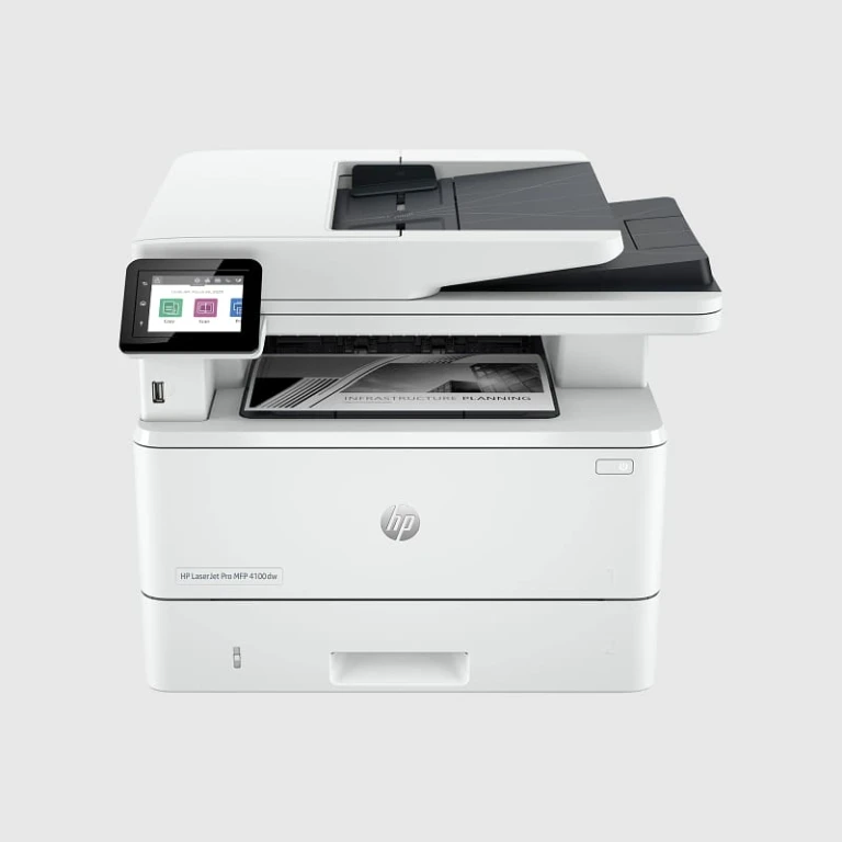 Imprimante HP LaserJet Pro MFP 4103dw noire avec écran LCD et clapet d'alimentation en papier