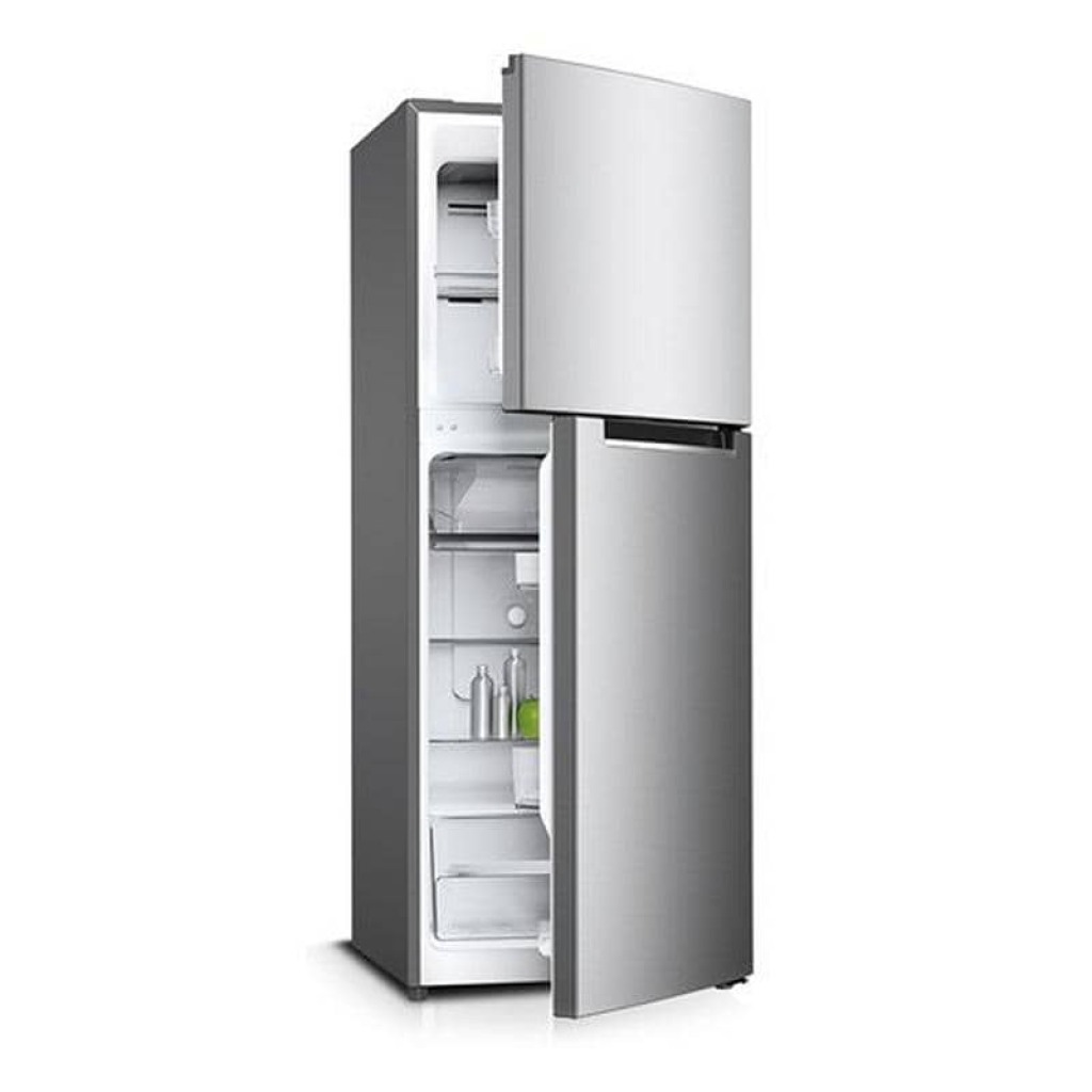Réfrigérateur SHARP 2 Portes 270L No Frost Gris SJHM270HS2 de face, avec les portes ouvertes pour montrer l'intérieur