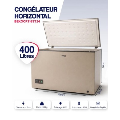 Congélateur Horizontal BEKO 400L Gris CF316ST24 Classe A+ avec Serrure