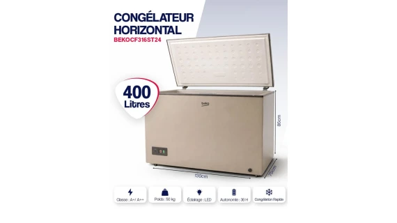 Congélateur Horizontal BEKO 400L Gris CF316ST24 Classe A+ avec Serrure