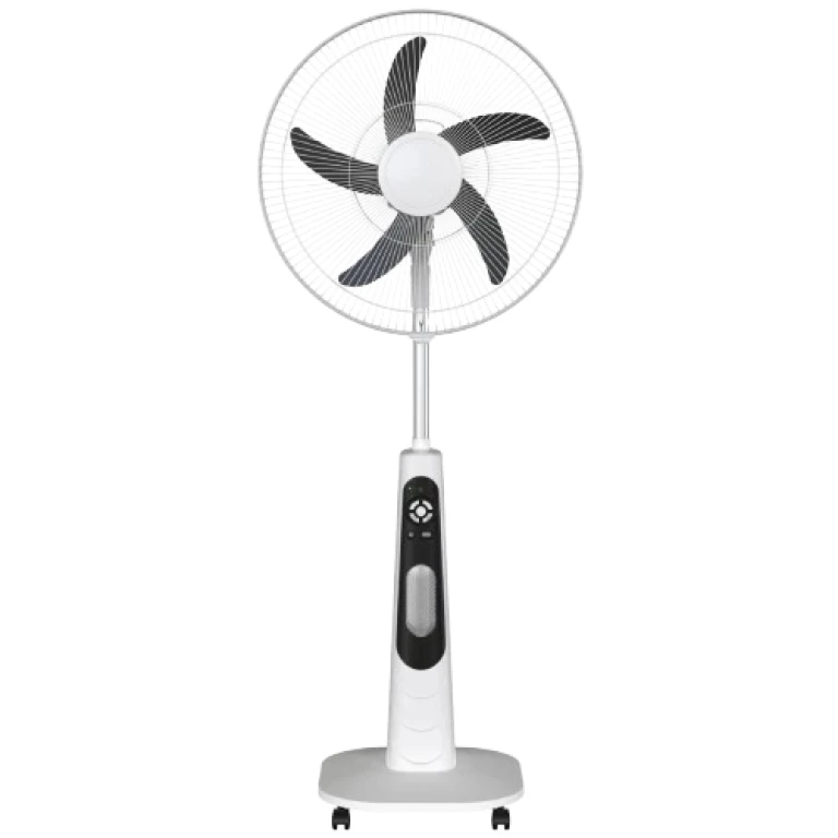 Ventilateur Rechargeable Regal 12 pouces avec télécommande et LED, sur pied, en fonctionnement