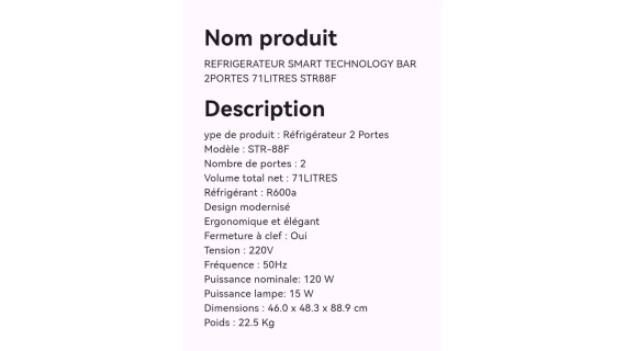RÉFRIGÉRATEUR SMART TECHNOLOGY BAR 2 PORTES 71L STR88F – Image 2