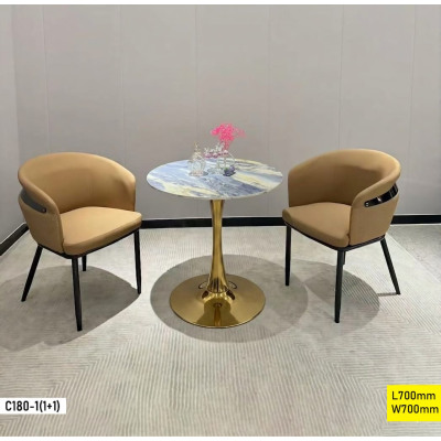Tête à Tête C180-1 table ronde marbre pied doré 2 fauteuils caramel 70x70cm Sénégal