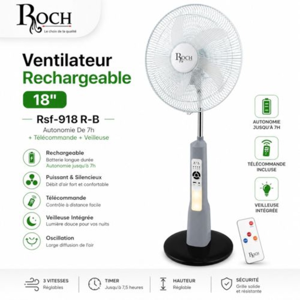 Roch RSF-918R-B ventilateur rechargeable 18 pouces 7h autonomie