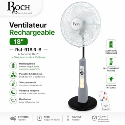 Roch RSF-938R-B ventilateur rechargeable grande capacité noir