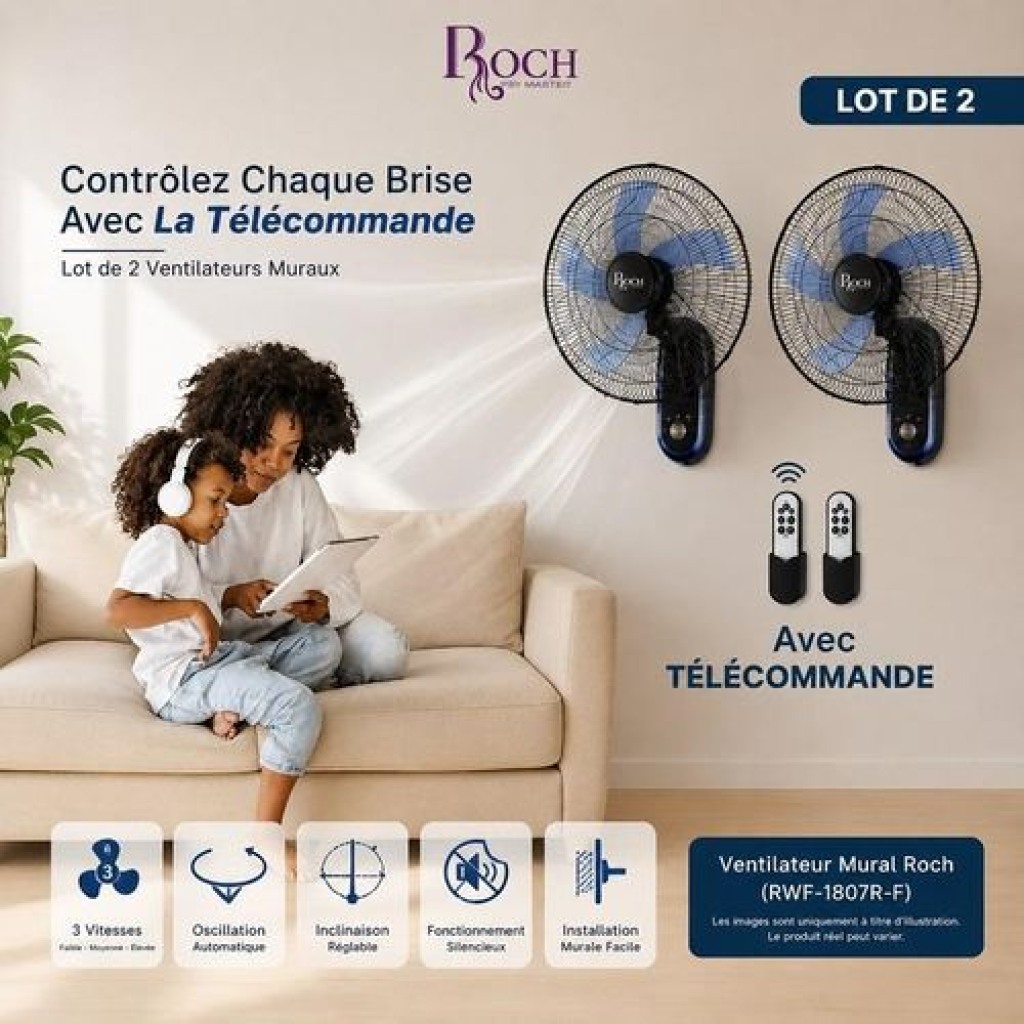 Roch ventilateur mural RWF-1807R-F 18 pouces avec télécommande noir