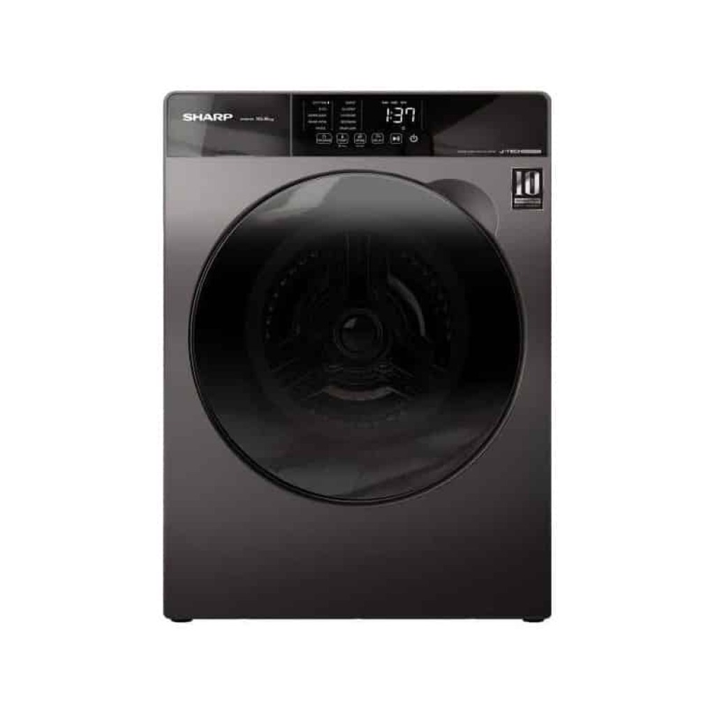 Machine à laver SHARP 10,5Kg Inverter ES-FS1054KJZ-G de couleur blanche avec un écran LCD et des boutons de commande