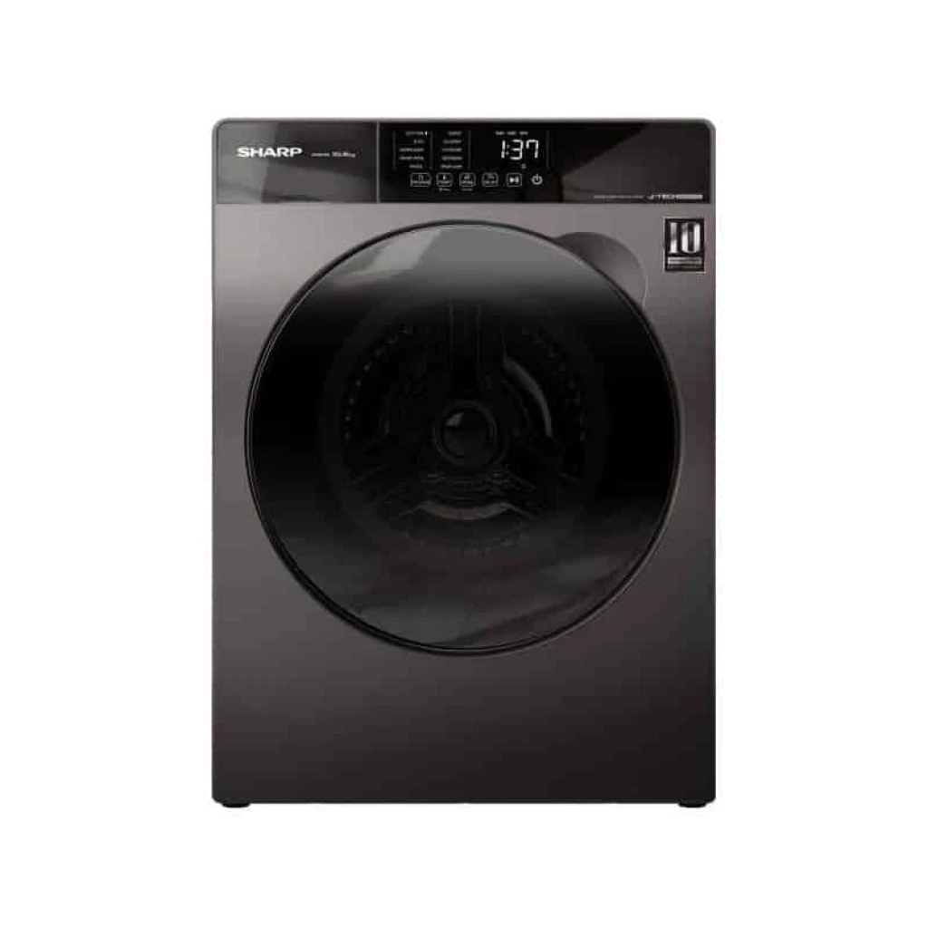 Machine à laver SHARP 10,5Kg Inverter ES-FS1054KJZ-G de couleur blanche avec un écran LCD et des boutons de commande