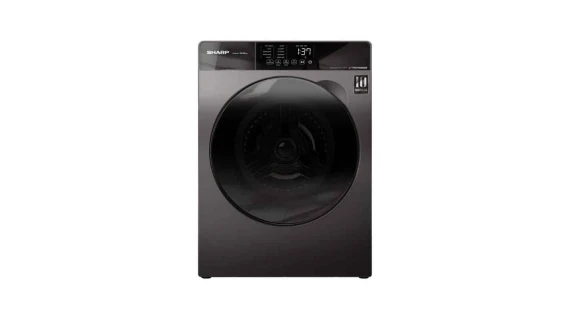 Machine à laver SHARP 10,5Kg Inverter ES-FS1054KJZ-G de couleur blanche avec un écran LCD et des boutons de commande