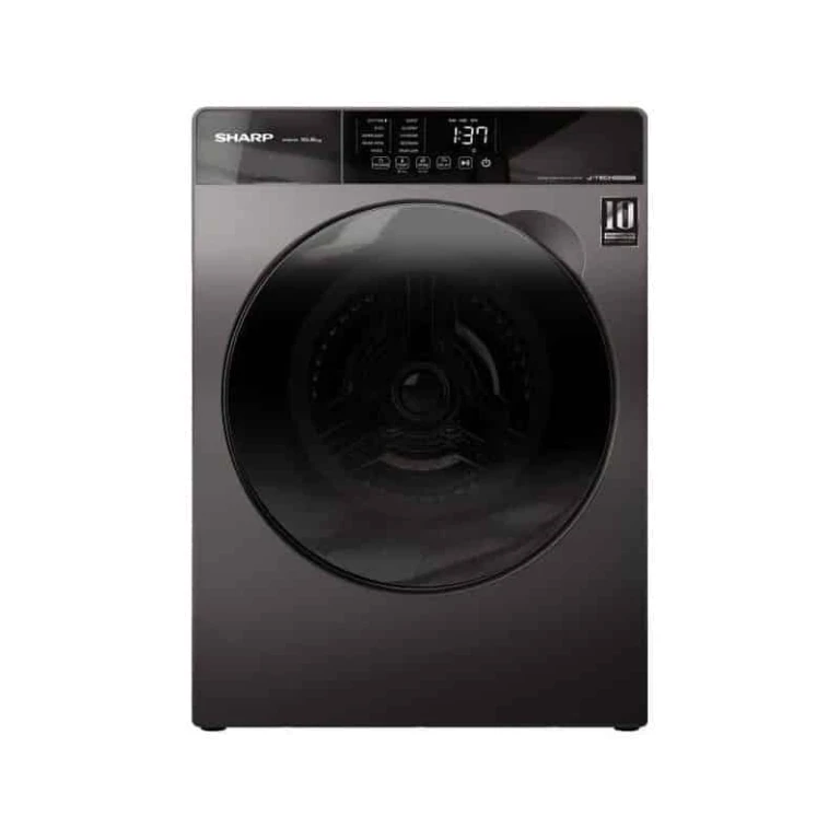 Machine à laver SHARP 10,5Kg Inverter ES-FS1054KJZ-G de couleur blanche avec un écran LCD et des boutons de commande