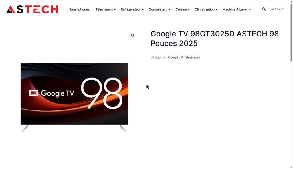 Télévision Google TV Astech 98GT3025D de 98 pouces avec écran LED et design élégant