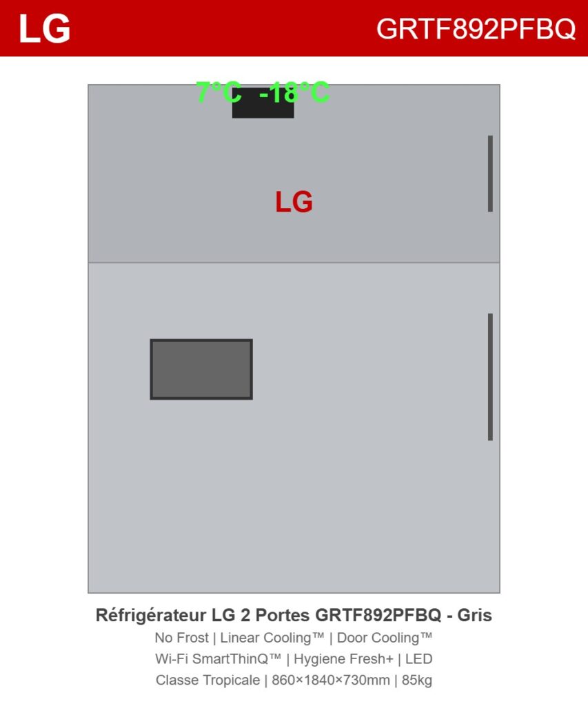 Réfrigérateur LG GRTF892PFBQ 2 Portes No Frost en gris