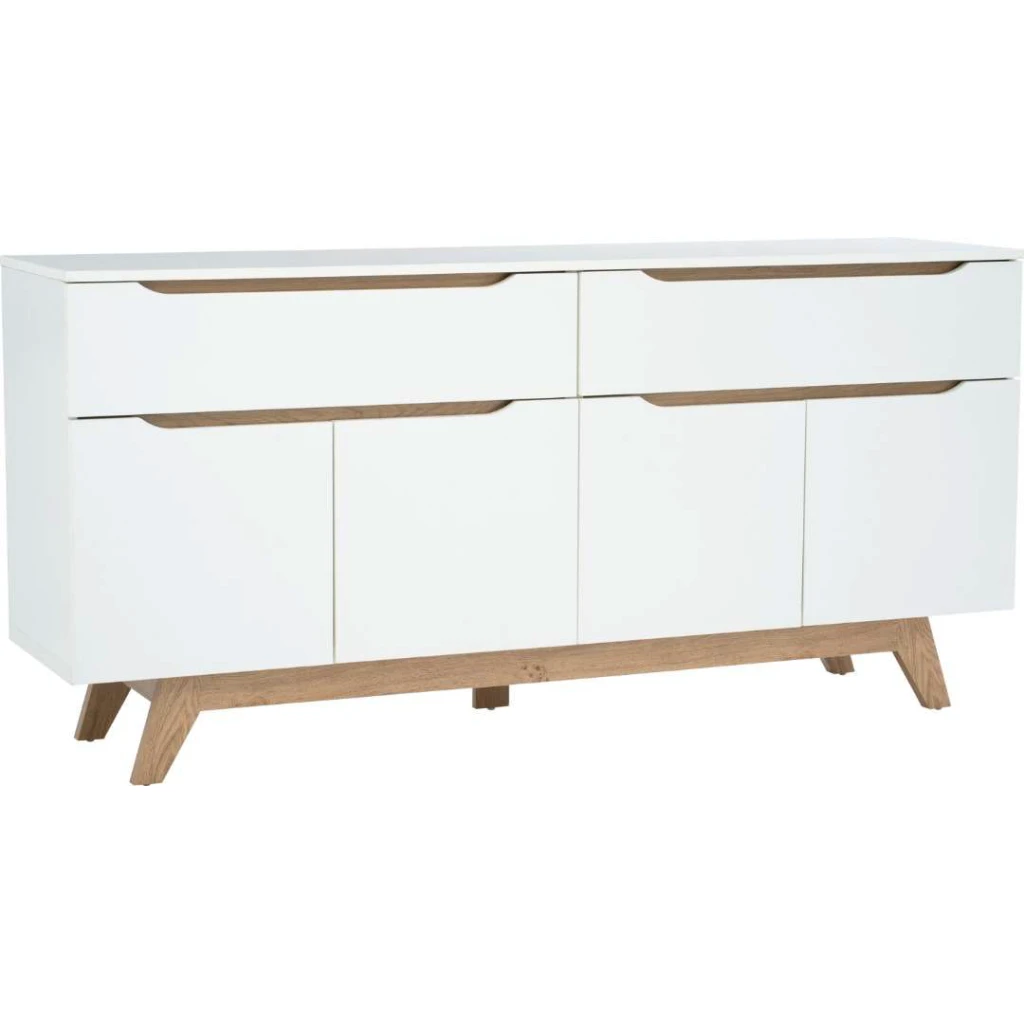 Buffet Mando 1.6M en design scandinave blanc/chêne avec 4 portes et 2 tiroirs