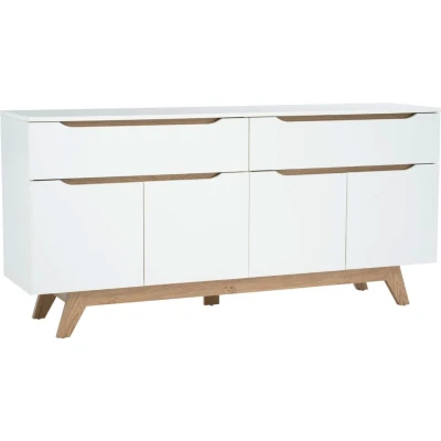 Buffet Mando 1.6M en design scandinave blanc/chêne avec 4 portes et 2 tiroirs